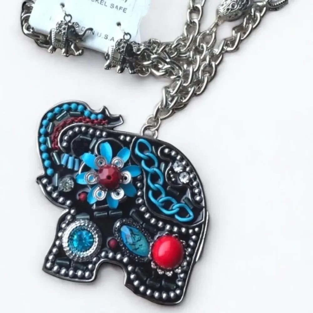 NEW Silver Tone Elephant Long Pendant Necklace and Earrings Set Boho Colorful